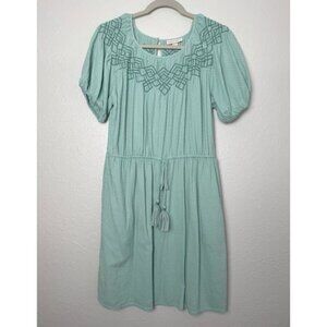 Knox Rose teal embroidered puff sleeves waist tie dress S
